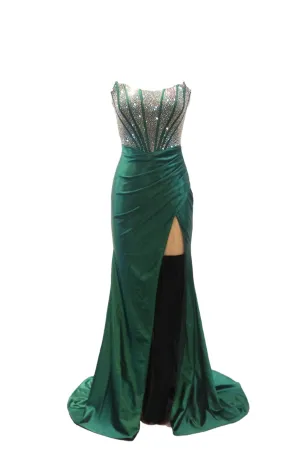 Abby Paris 90255 Size 2, 8 Emerald Crystal Corset Prom Dress Fitted Ruched Maxi Slit Formal Gown Strapless