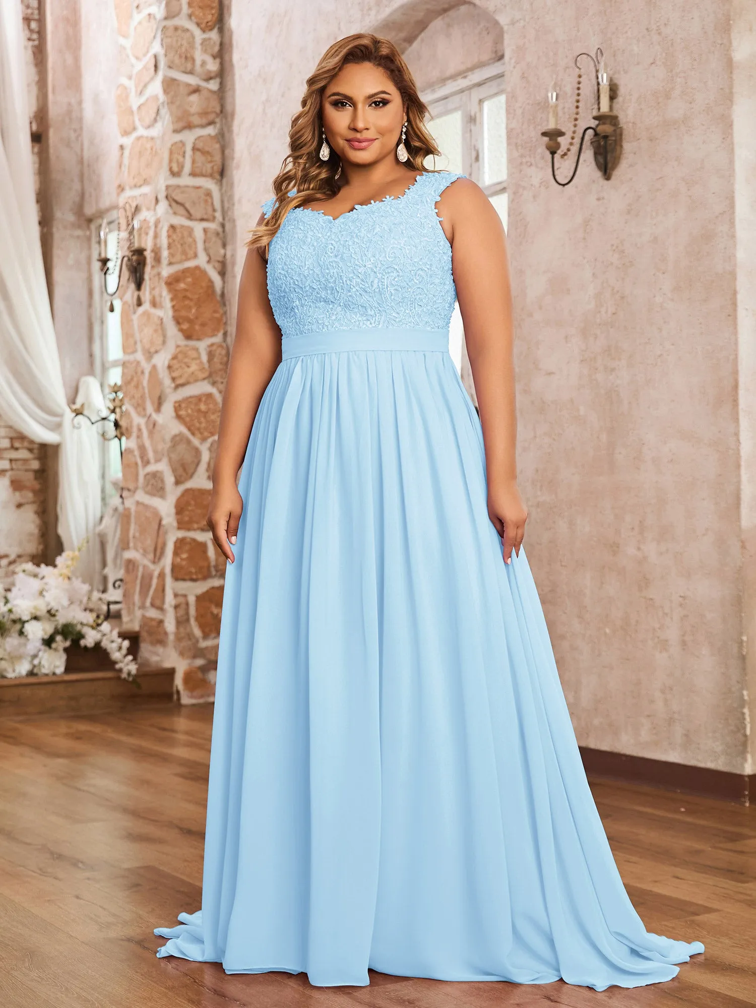 Appliqued and Beaded Dress with Sweetheart Neck Sky Blue Plus Size