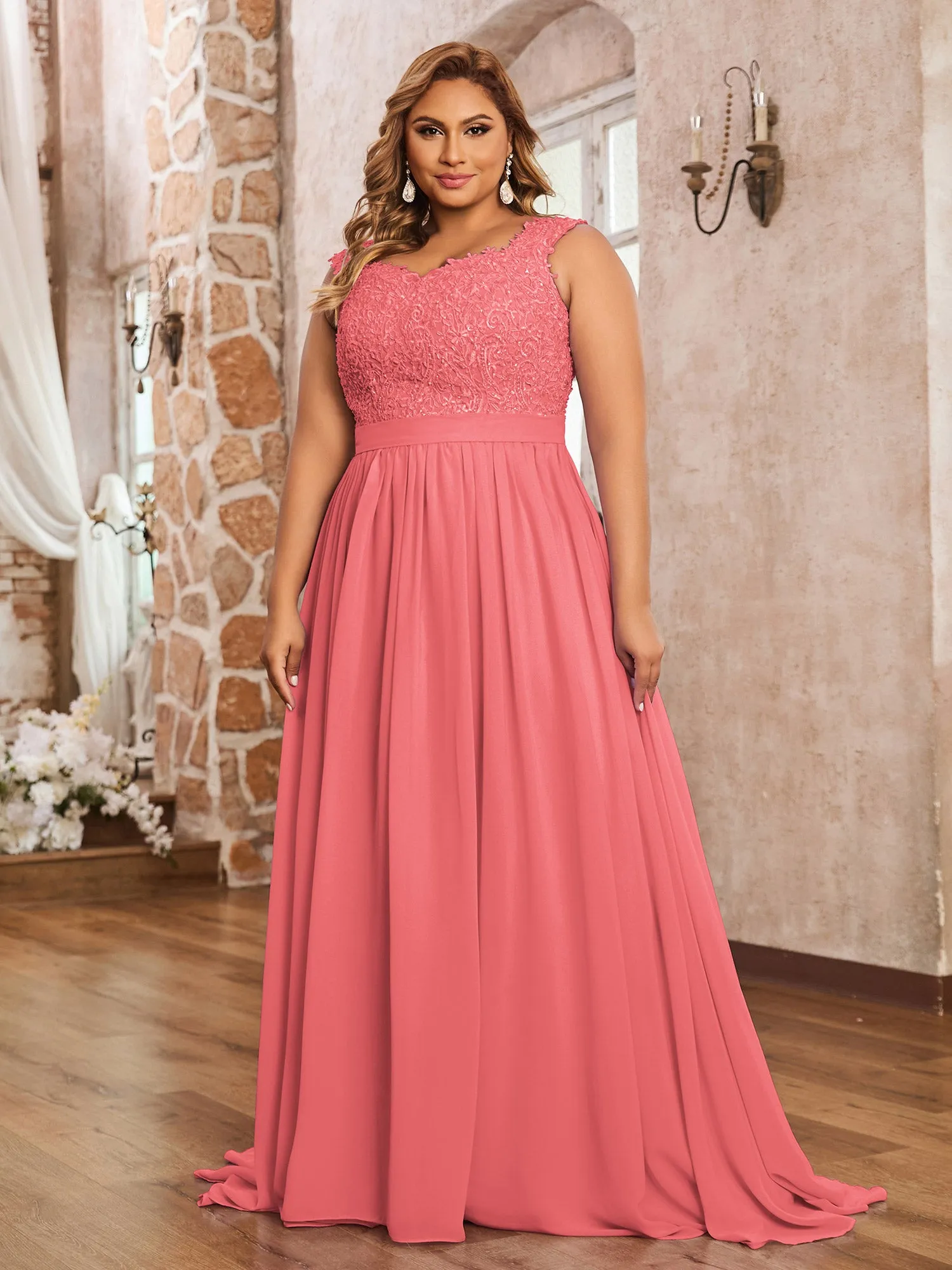 Appliqued and Beaded Dress with Sweetheart Neck Watermelon Plus Size