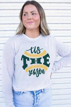 Tis The Season Baseball Green and Gold Adult Soft-Tek Blend Long Sleeve Tee